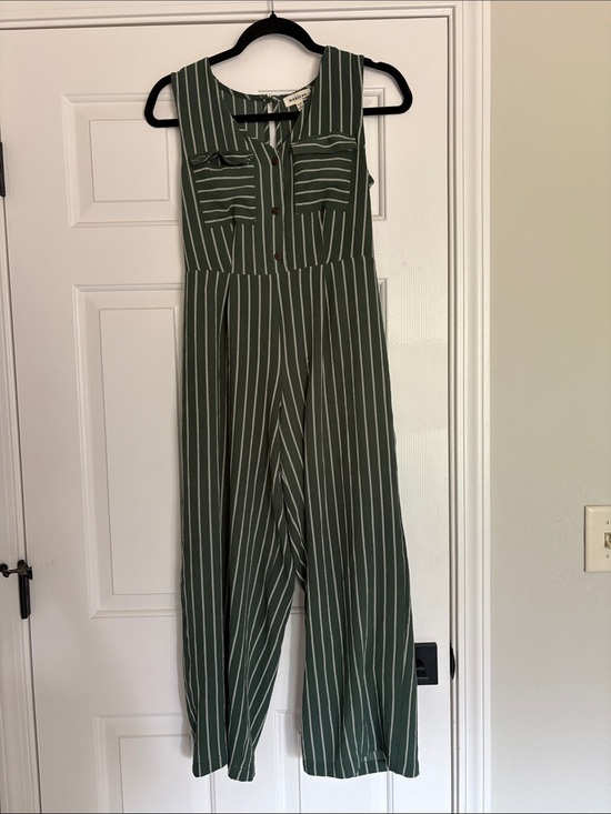 Monteau Pants - Monteau Olive Green Striped Sleeveless Jumpsuit Monteau Olive Green size Medium